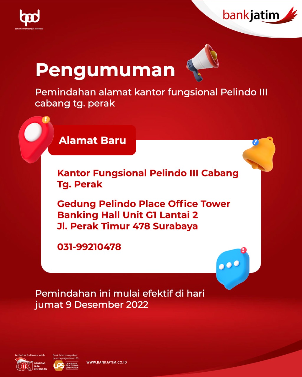 Pengumuman Relokasi Kantor Fungsional Pelindo Bank Jatim Cabang Perak